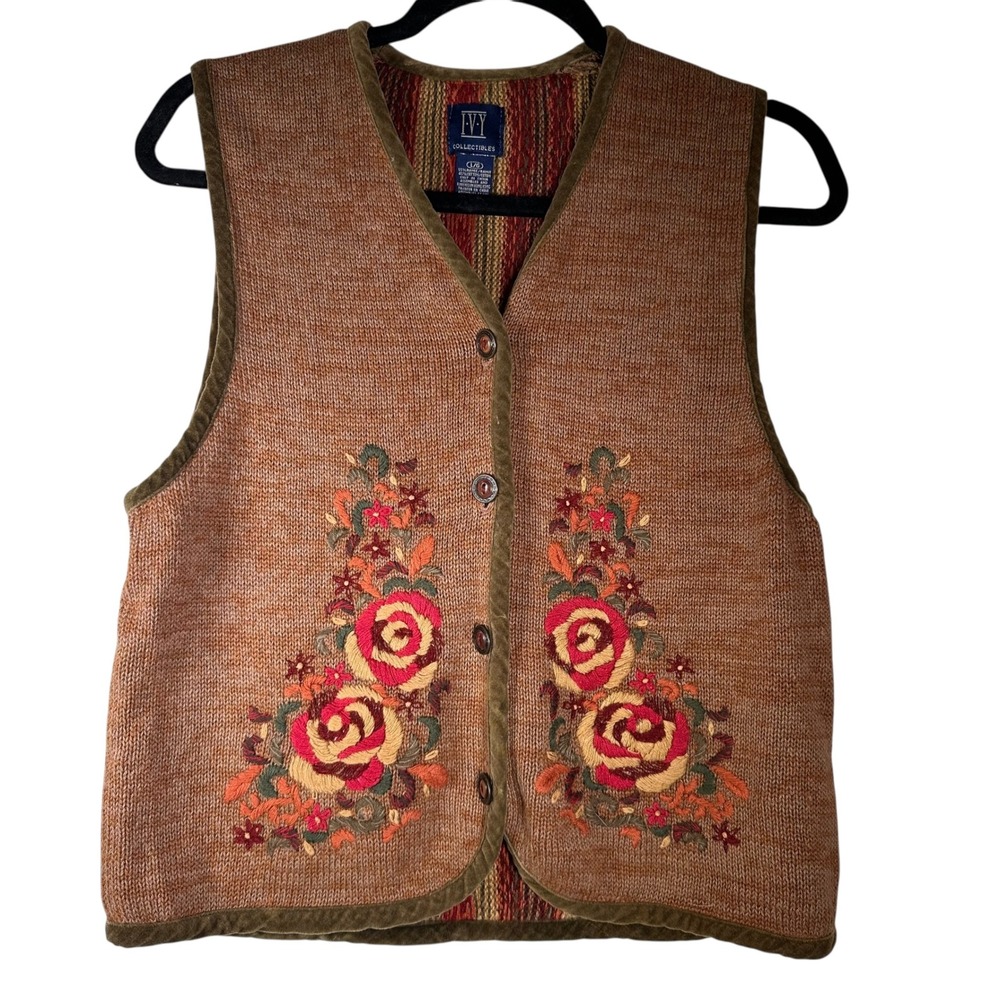 Ivy Collectibles Womens Floral Embroidered Knit Vest Brown Striped Back Large‎